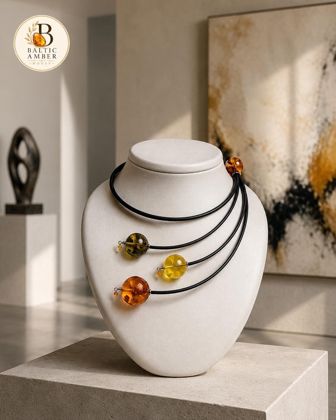 Designer Baltic Amber Beaded Necklace 15.7 Inches, Modern Statement Jewelry, Contemporary Amber Gift for Women