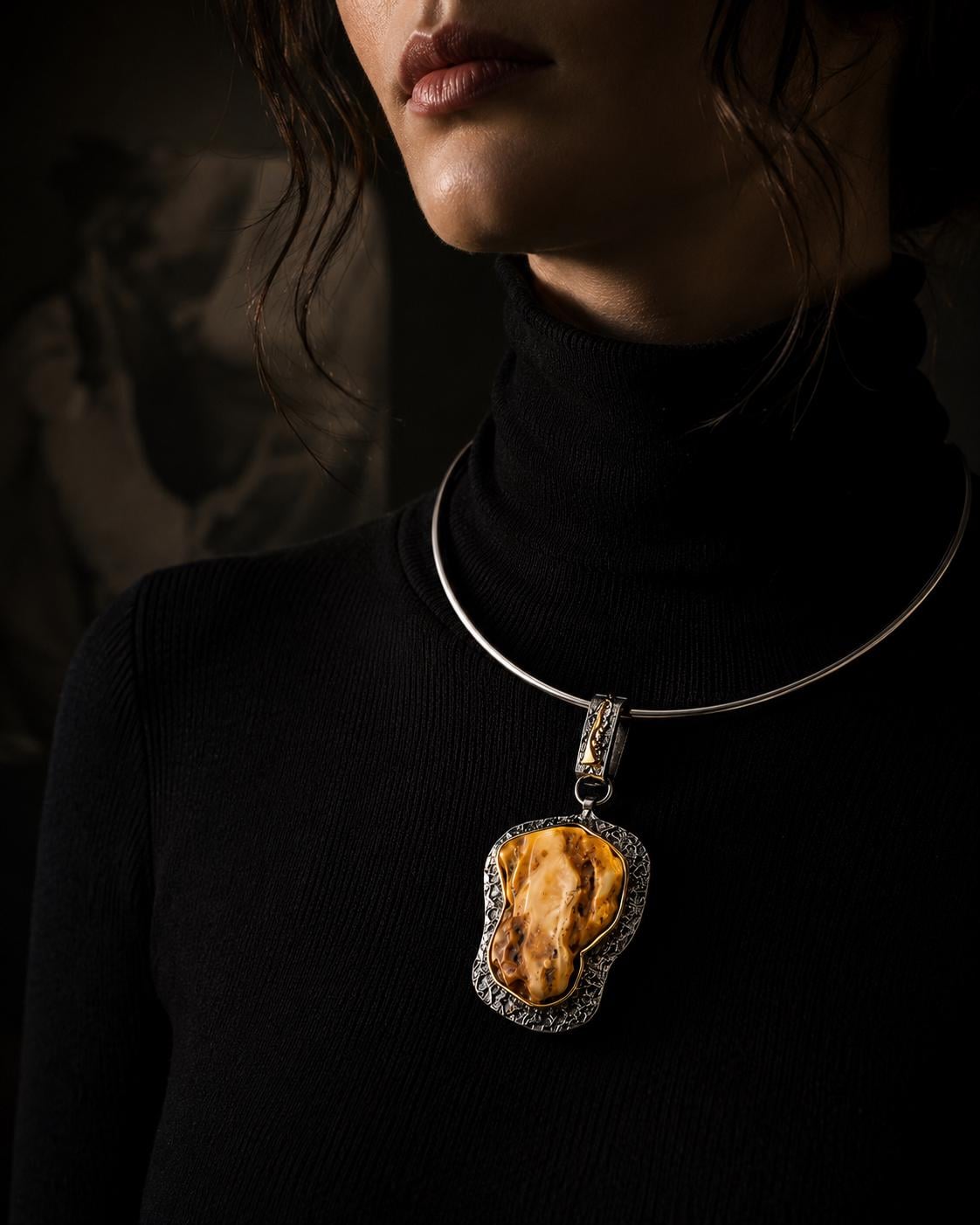 Large Baltic Amber Pendant Necklace, Sterling Silver & Gold Plated Jewelry, Designer Statement Necklace, 19.7 Inch Amber Jewelry