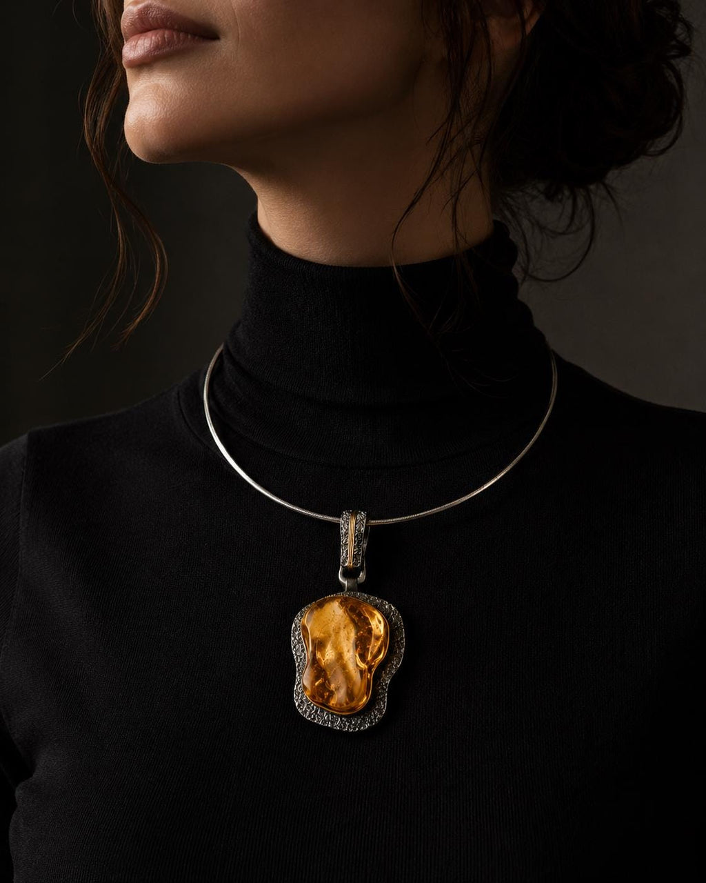 Large Baltic Amber Pendant Necklace, Sterling Silver & Gold Plated Jewelry, Designer Statement Necklace, 19.7 Inch Amber Jewelry