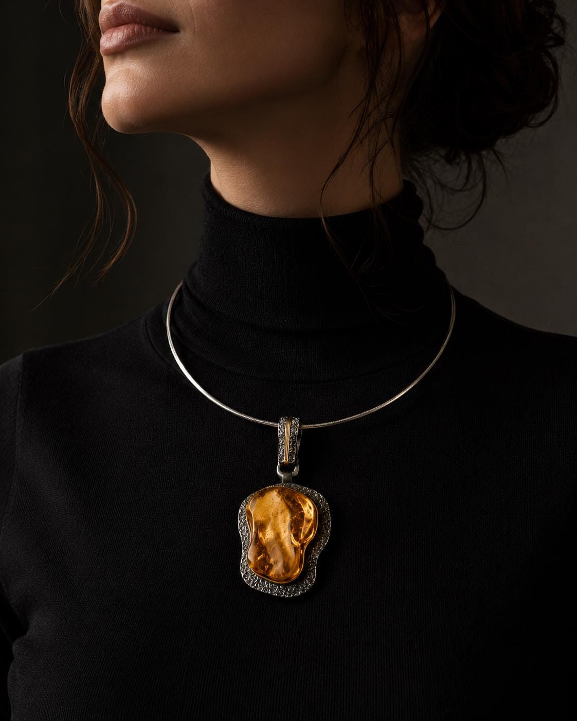 Large Baltic Amber Pendant Necklace, Sterling Silver & Gold Plated Jewelry, Designer Statement Necklace, 19.7 Inch Amber Jewelry