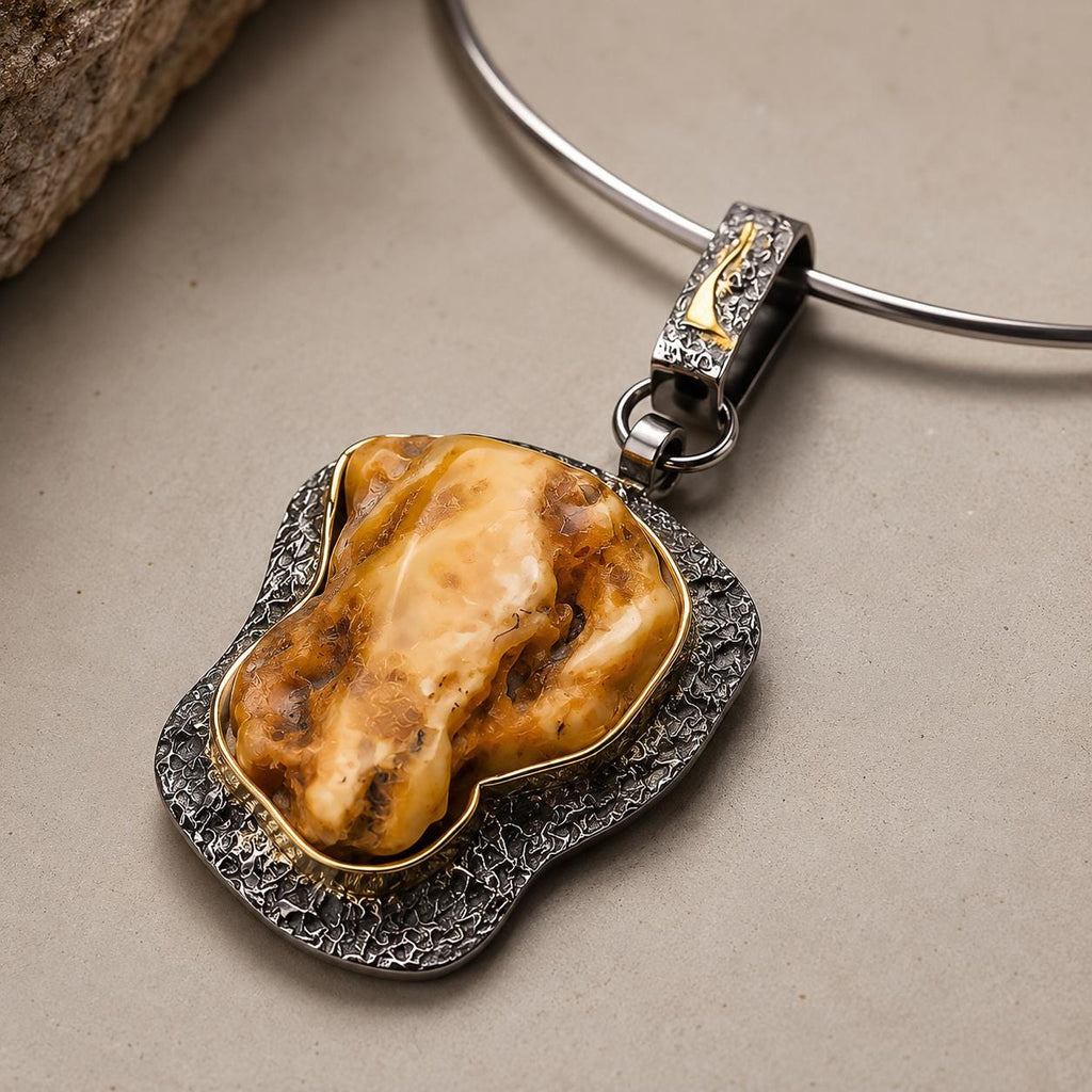 Large Baltic Amber Pendant Necklace, Sterling Silver & Gold Plated Jewelry, Designer Statement Necklace, 19.7 Inch Amber Jewelry