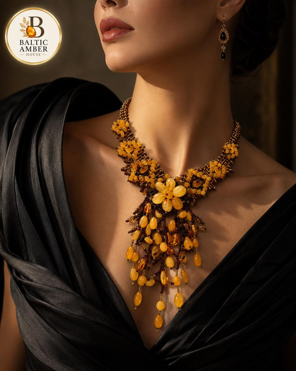 Natural Baltic Amber Floral Beaded Statement Necklace, Handmade Designer Amber Jewelry, Botanical Necklace, 17.7–18.9 Inch