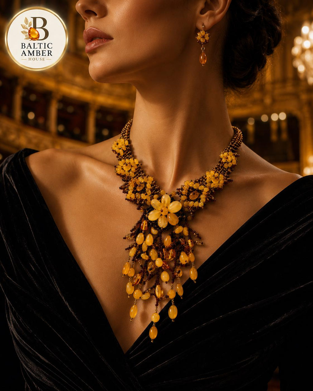 Natural Baltic Amber Floral Beaded Statement Necklace, Handmade Designer Amber Jewelry, Botanical Necklace, 17.7–18.9 Inch