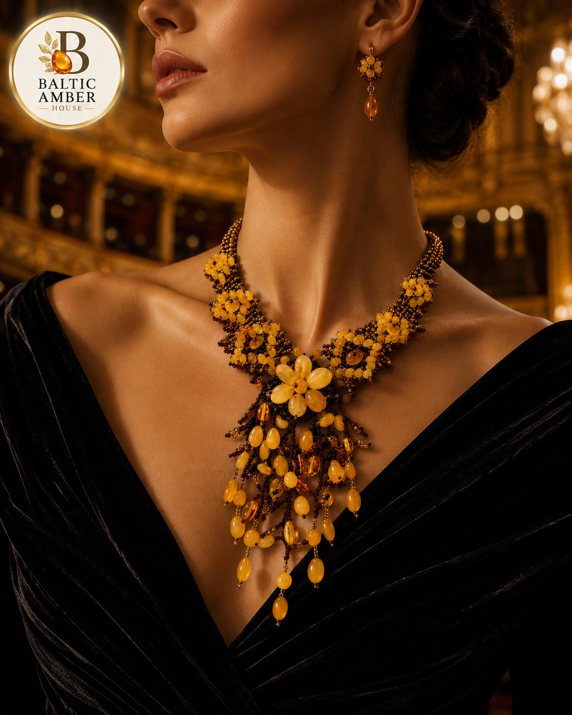 Natural Baltic Amber Floral Beaded Statement Necklace, Handmade Designer Amber Jewelry, Botanical Necklace, 17.7–18.9 Inch