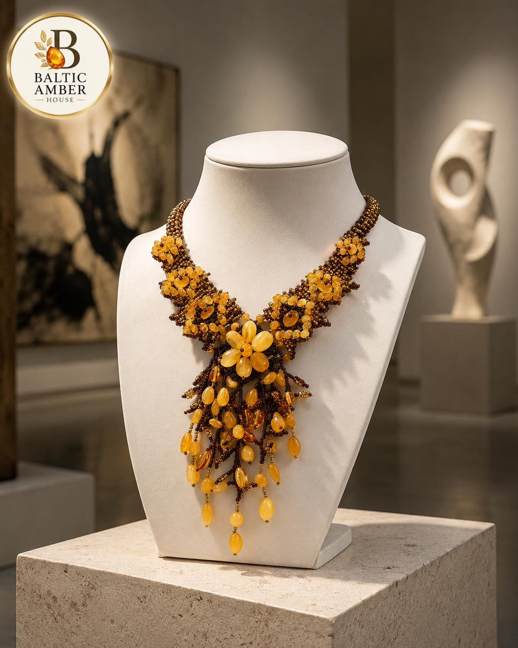 Natural Baltic Amber Floral Beaded Statement Necklace, Handmade Designer Amber Jewelry, Botanical Necklace, 17.7–18.9 Inch