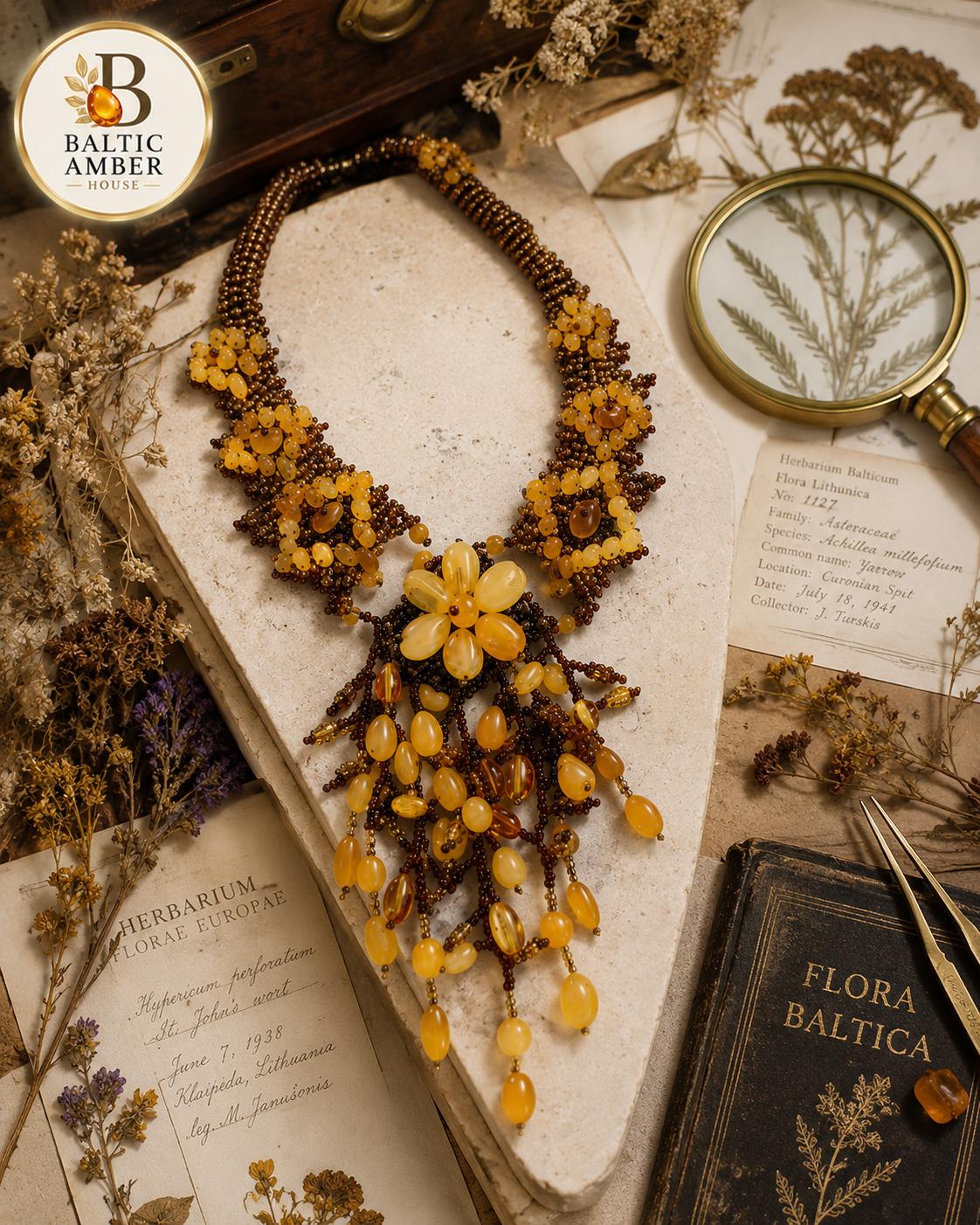 Natural Baltic Amber Floral Beaded Statement Necklace, Handmade Designer Amber Jewelry, Botanical Necklace, 17.7–18.9 Inch
