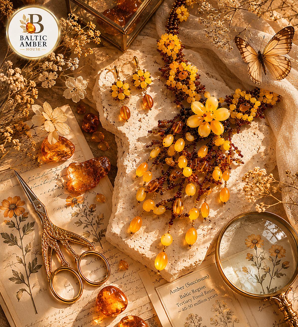 Natural Baltic Amber Floral Beaded Statement Necklace, Handmade Designer Amber Jewelry, Botanical Necklace, 17.7–18.9 Inch