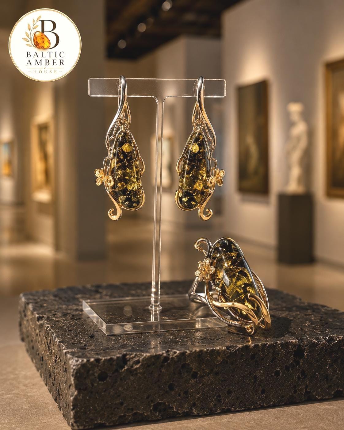 Green Baltic Amber Designer Jewelry Set 1.93 Inches | 925 Sterling Silver & Gold Plated Adjustable Ring Set