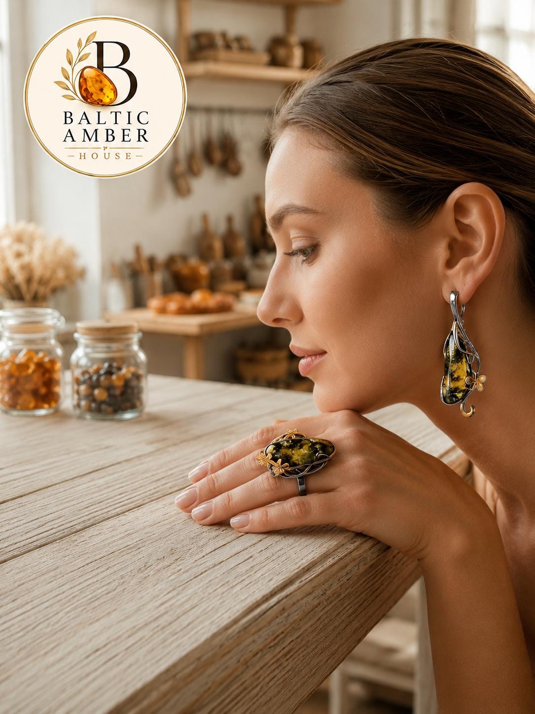 Green Baltic Amber Designer Jewelry Set 1.93 Inches | 925 Sterling Silver & Gold Plated Adjustable Ring Set