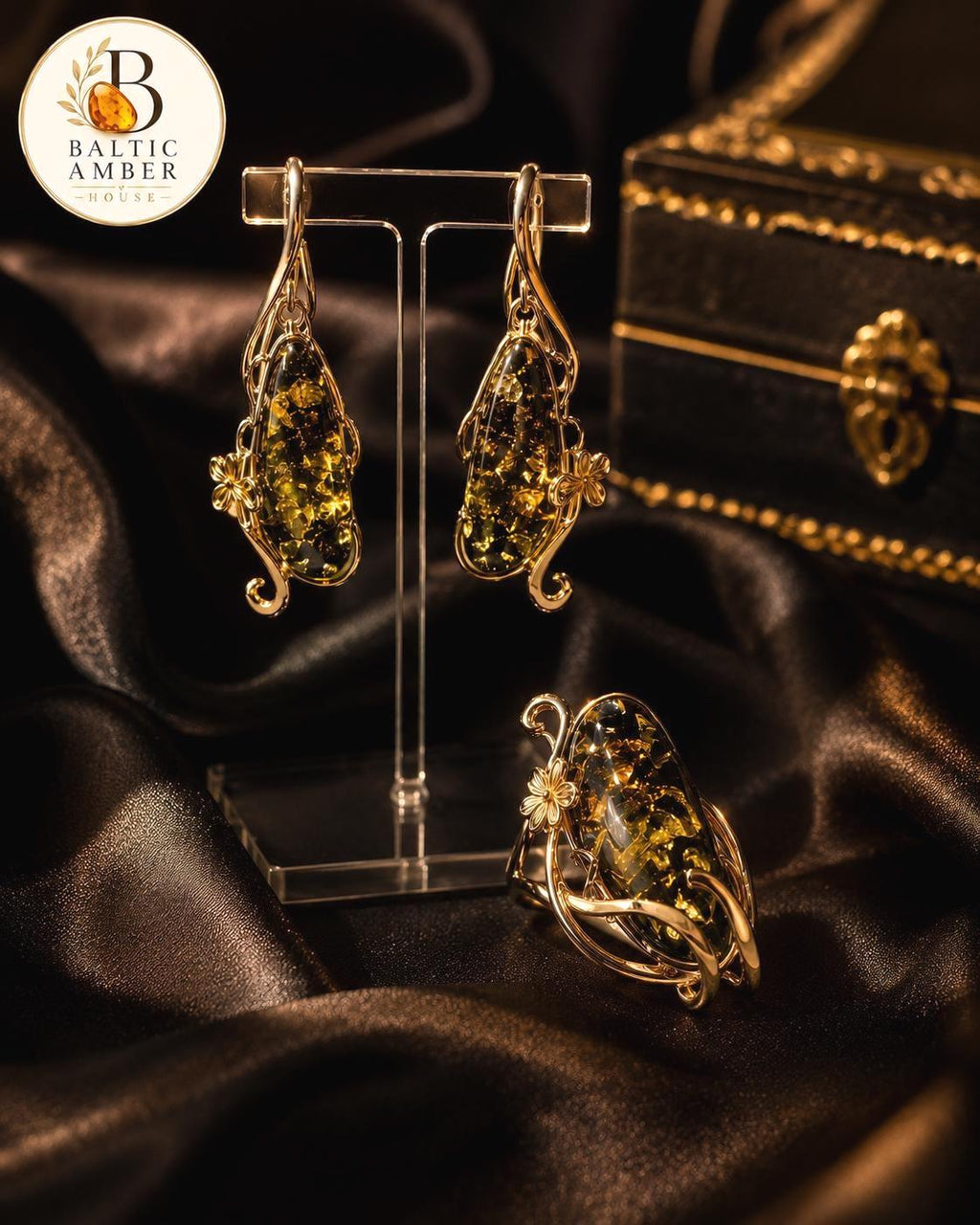 Green Baltic Amber Designer Jewelry Set 1.93 Inches | 925 Sterling Silver & Gold Plated Adjustable Ring Set