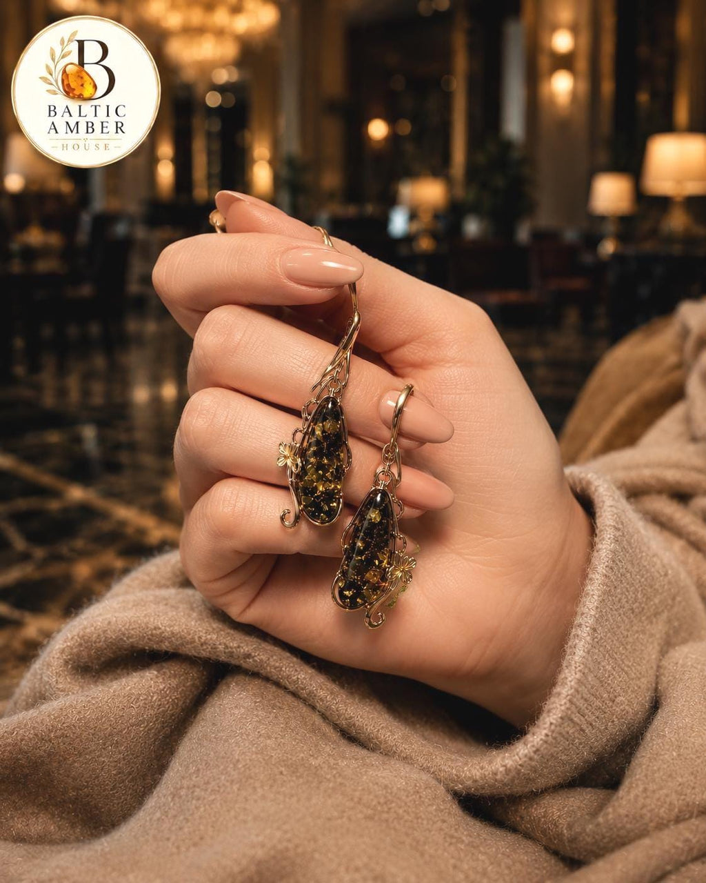Green Baltic Amber Designer Jewelry Set 1.93 Inches | 925 Sterling Silver & Gold Plated Adjustable Ring Set