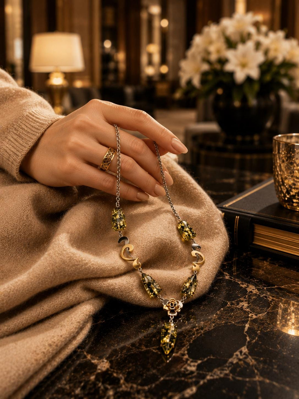 Designer Green Baltic Amber Necklace in 27.6 Inches, Natural Baltic Amber, Gold Plated 925 Sterling Silver Statement Jewelry