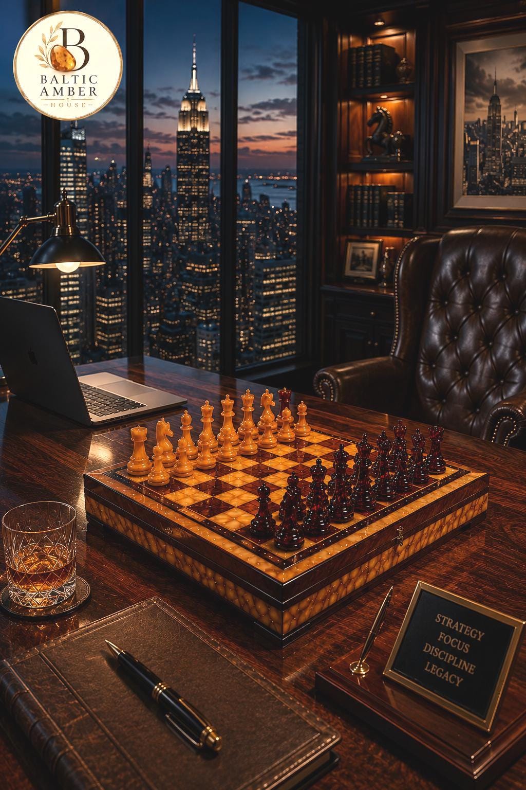 Luxury Baltic Amber Chess Set in Wooden Storage Box, 12.6 Inch Collector Chess Board, Handmade Amber Game Set, Executive Gift