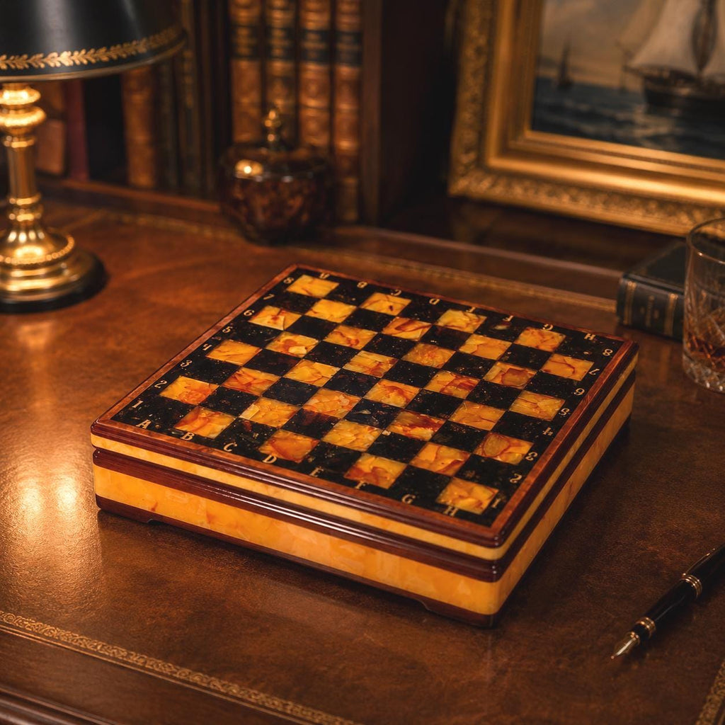 Luxury Baltic Amber Chess Set in Wooden Storage Box, 12.6 Inch Collector Chess Board, Handmade Amber Game Set, Executive Gift