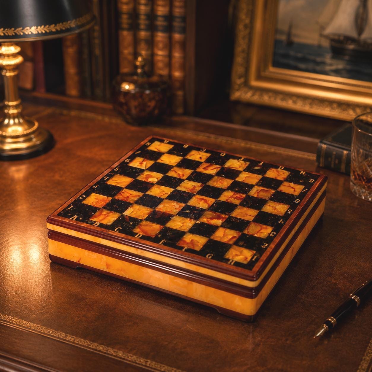Luxury Baltic Amber Chess Set in Wooden Storage Box, 12.6 Inch Collector Chess Board, Handmade Amber Game Set, Executive Gift