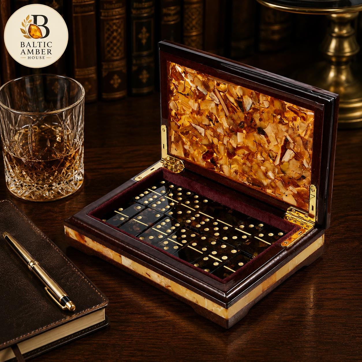 Luxury Baltic Amber Domino Set with Wooden Box, Handmade Collector Edition, Executive Gift for Men