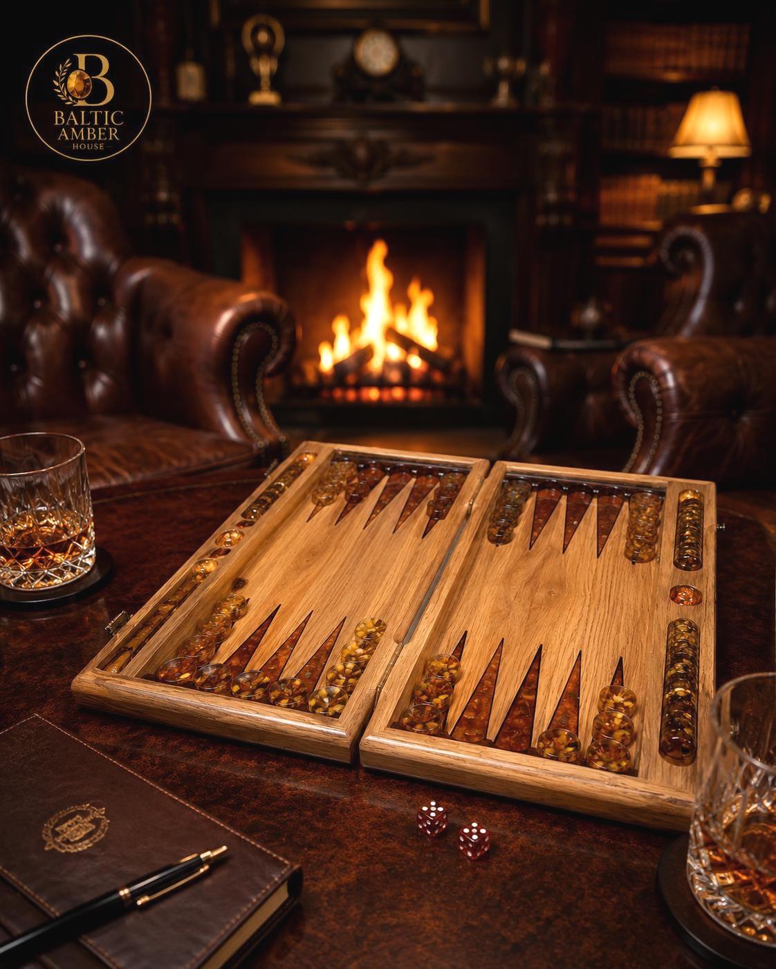 Luxury Baltic Amber Backgammon Set Handmade Wooden Game Board with Amber Checkers Collector Gift for Men Executive Game Set