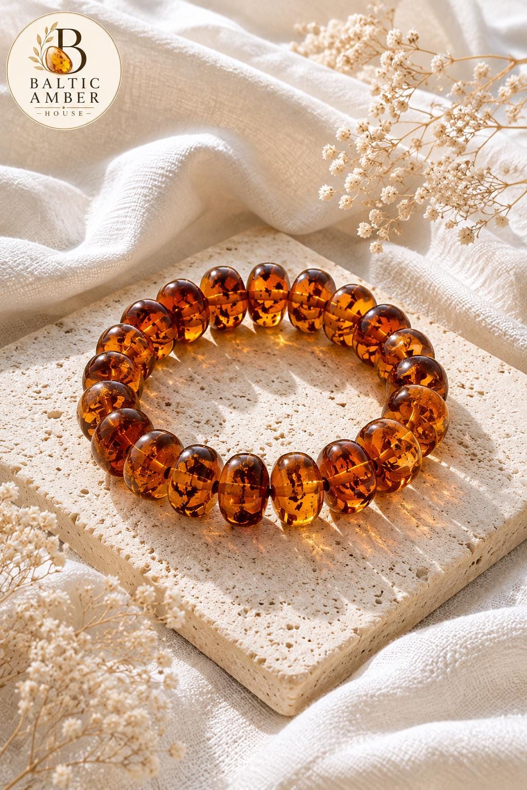 Natural Baltic Amber Bracelet 6.3 Inches | Honey Cognac Amber | Luxury Statement Piece