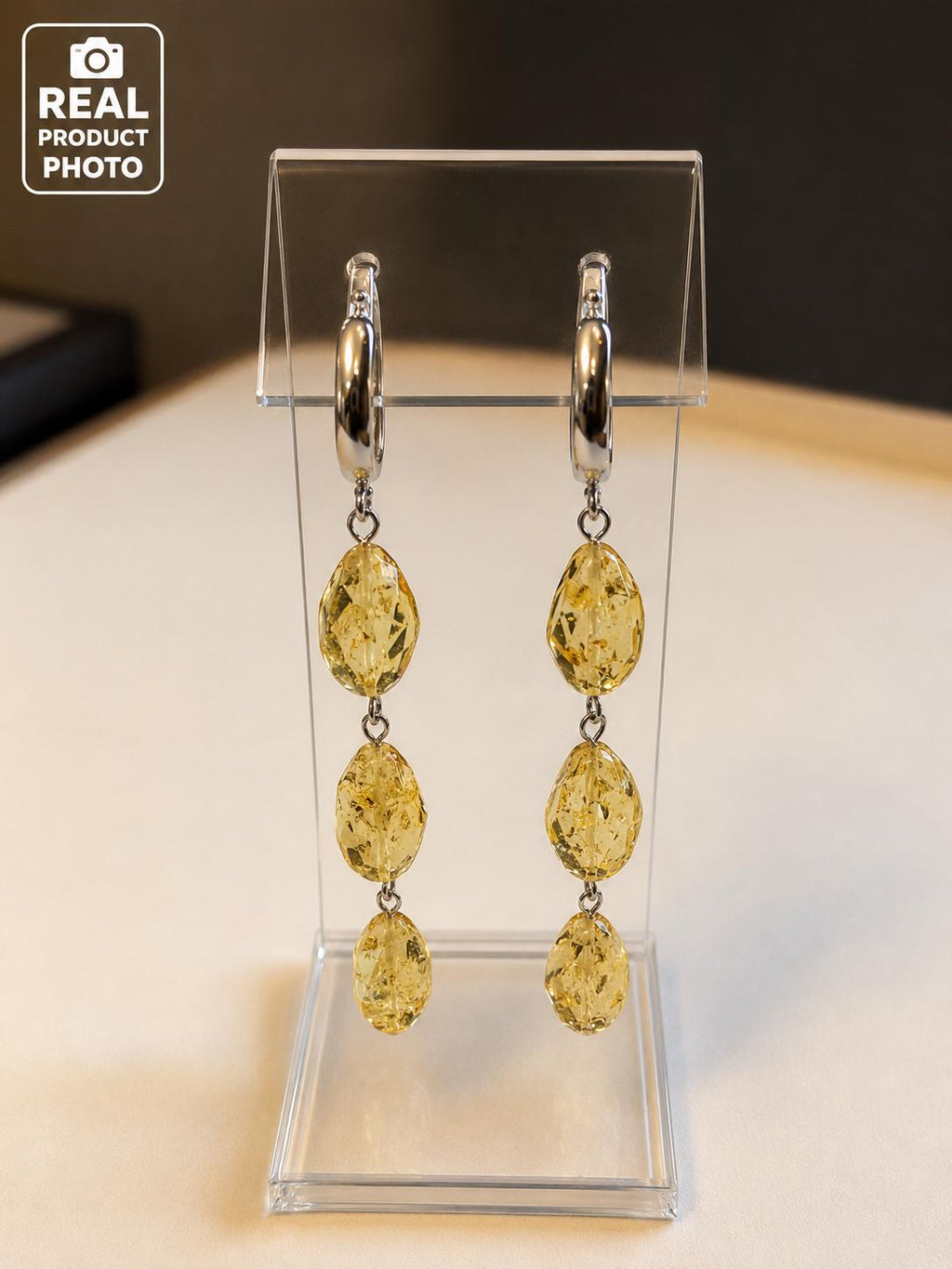 Genuine Baltic Amber Drop Earrings 2.76 Inches | Sterling Silver Lemon Amber Dangle Earrings