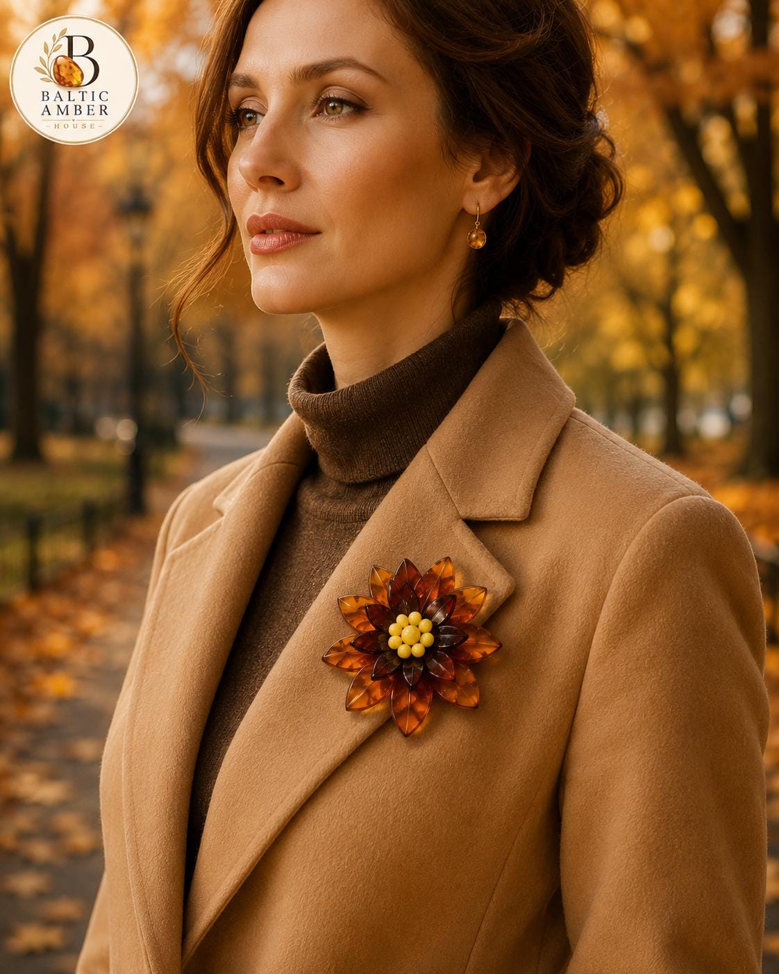 Natural Baltic Amber Flower Brooch, Handmade Designer Brooch, Statement Floral Pin, Cognac Amber Accessory, Unique Gift for Her