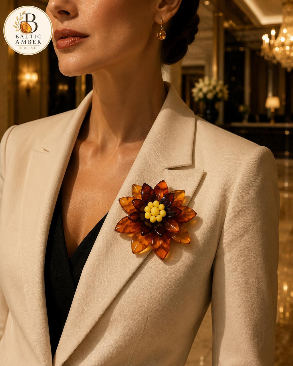 Natural Baltic Amber Flower Brooch, Handmade Designer Brooch, Statement Floral Pin, Cognac Amber Accessory, Unique Gift for Her