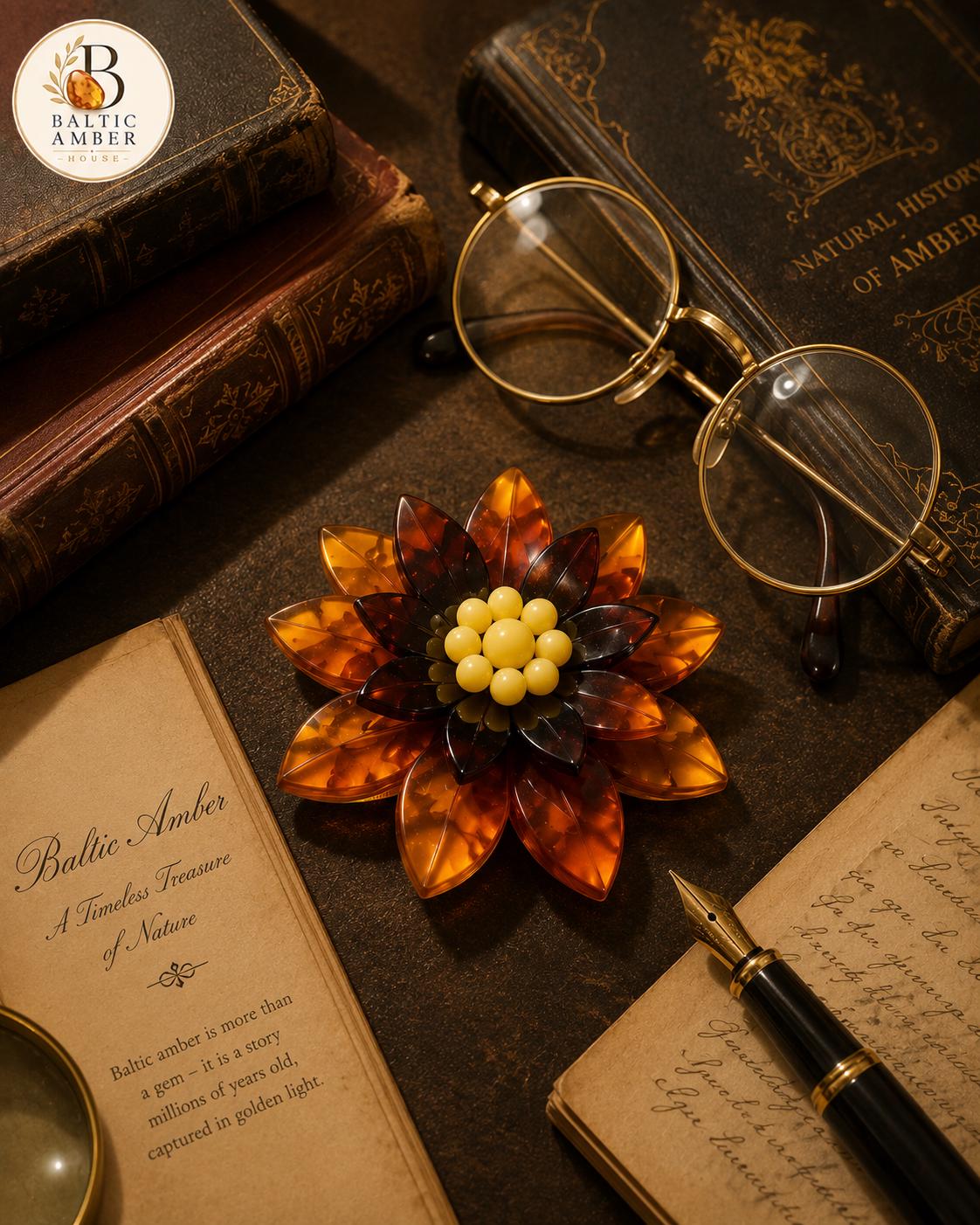 Natural Baltic Amber Flower Brooch, Handmade Designer Brooch, Statement Floral Pin, Cognac Amber Accessory, Unique Gift for Her