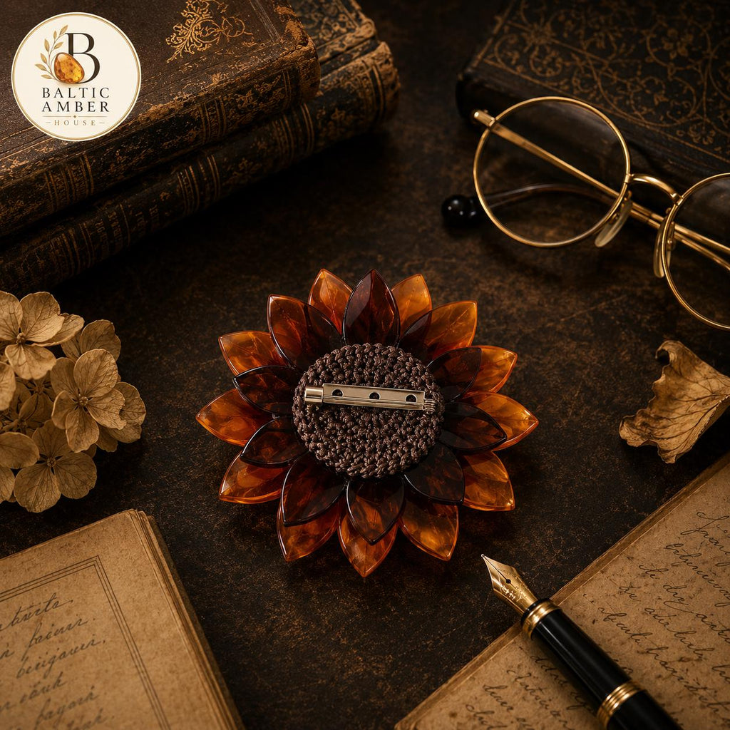 Natural Baltic Amber Flower Brooch, Handmade Designer Brooch, Statement Floral Pin, Cognac Amber Accessory, Unique Gift for Her