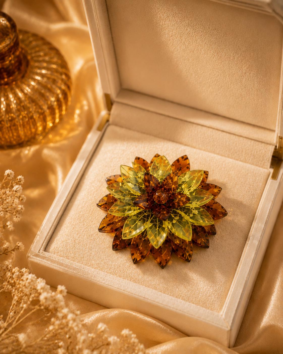 Designer Baltic Amber Flower Brooch, Handmade Natural Amber Floral Pin, Statement Jewelry Gift for Women, Collector Piece