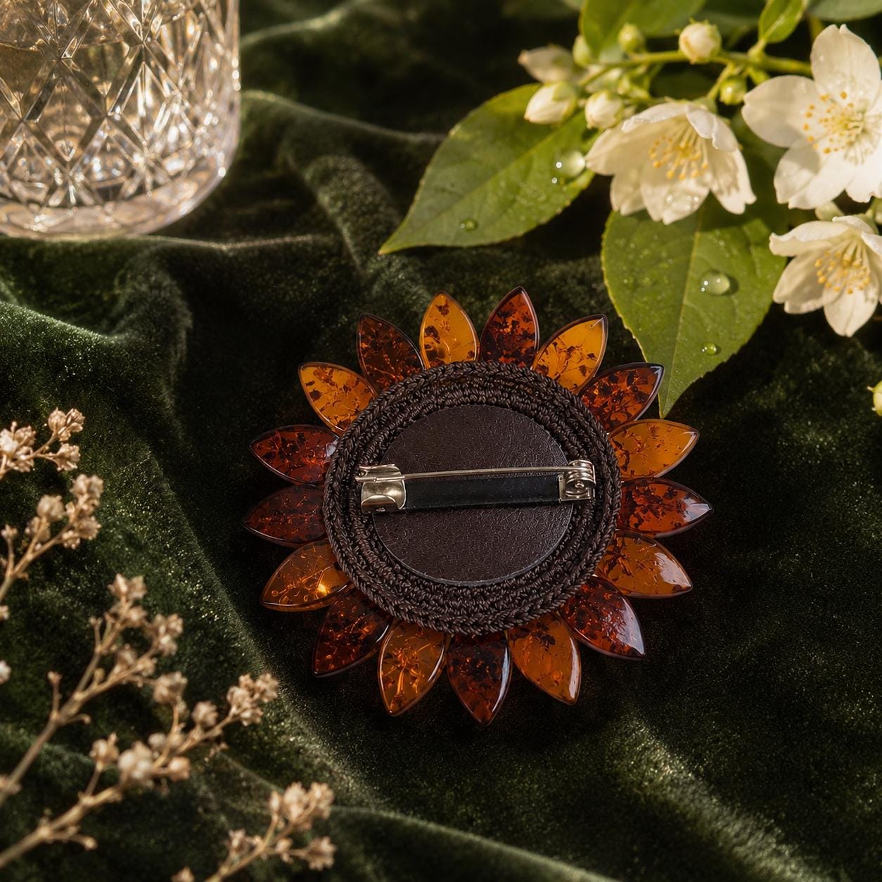 Designer Baltic Amber Flower Brooch, Handmade Natural Amber Floral Pin, Statement Jewelry Gift for Women, Collector Piece