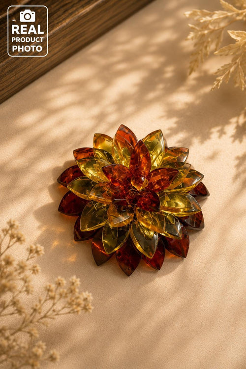 Designer Baltic Amber Flower Brooch, Handmade Natural Amber Floral Pin, Statement Jewelry Gift for Women, Collector Piece