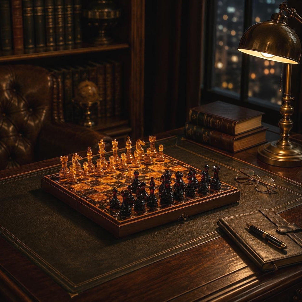 Luxury Baltic Amber Chess Set with Wooden Storage Box – Handmade Folding Collector Chess Board – Executive Gift for Him