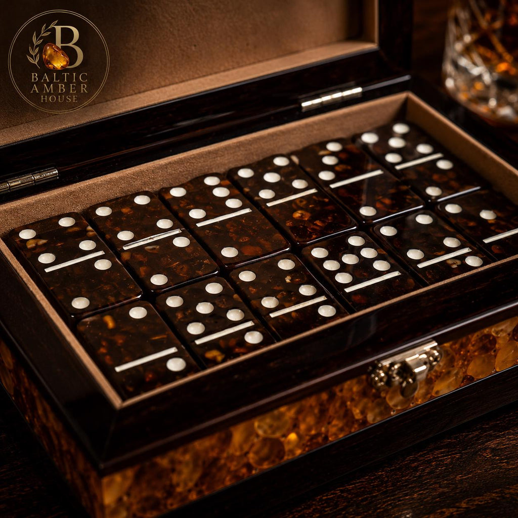 Luxury Baltic Amber Domino Set in Wooden Box, Handmade Collector Game, Amber Gift for Men, Executive Desk Decor, Travel Dominoes