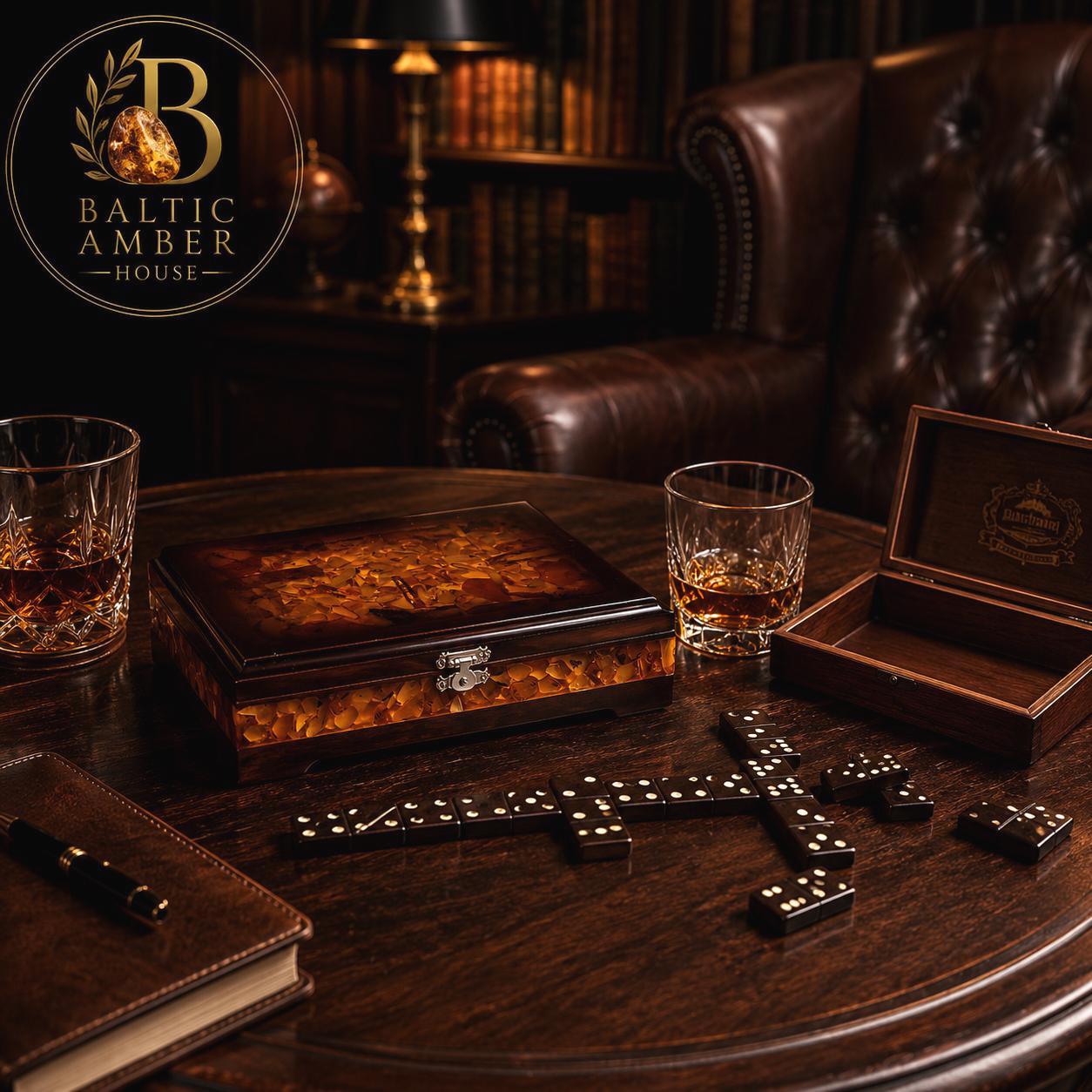 Luxury Baltic Amber Domino Set in Wooden Box, Handmade Collector Game, Amber Gift for Men, Executive Desk Decor, Travel Dominoes