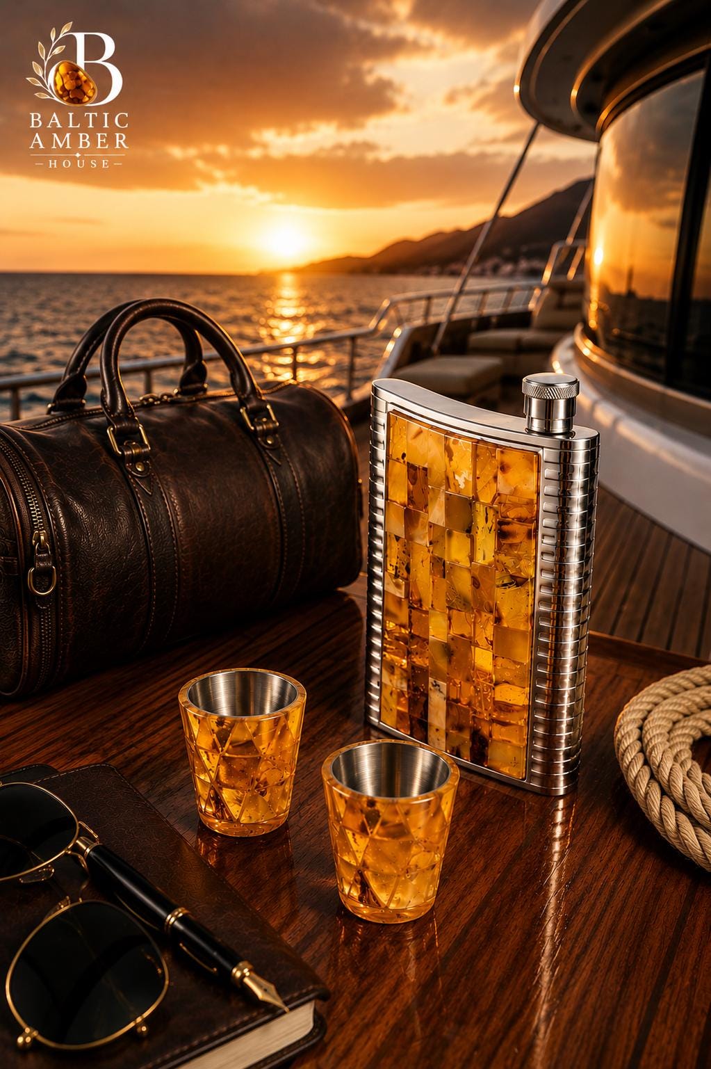 Natural Baltic Amber Flask Set with Shot Glasses, Stainless Steel Hip Flask Gift for Men, Luxury Collector Bar Set, Baltic Amber Gift