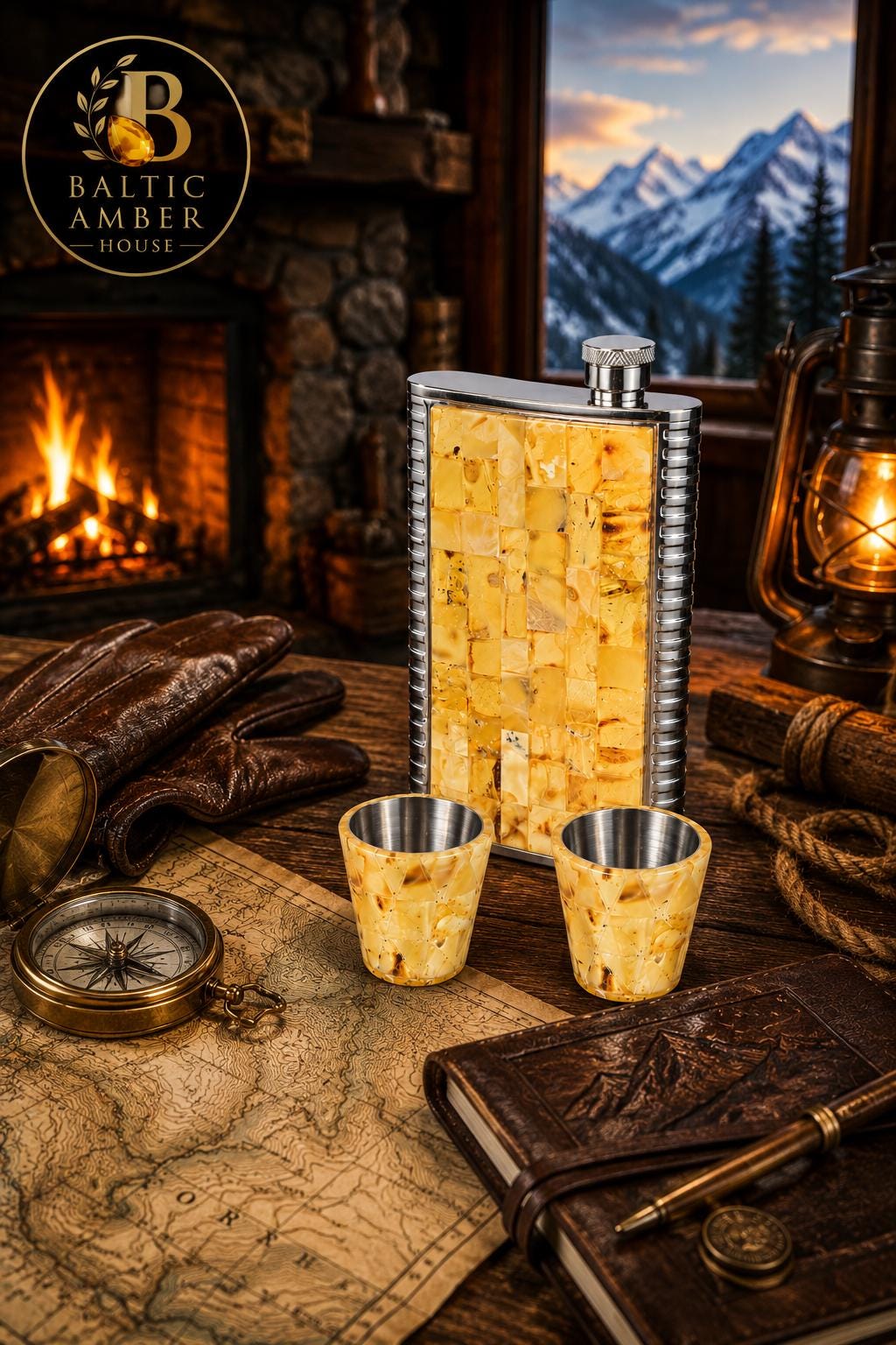 Natural Baltic Amber Flask Set with Shot Glasses, Stainless Steel Hip Flask Gift for Men, Luxury Collector Bar Set, Baltic Amber Gift