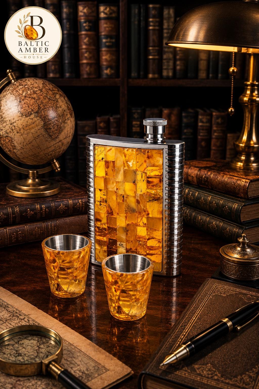 Natural Baltic Amber Flask Set with Shot Glasses, Stainless Steel Hip Flask Gift for Men, Luxury Collector Bar Set, Baltic Amber Gift