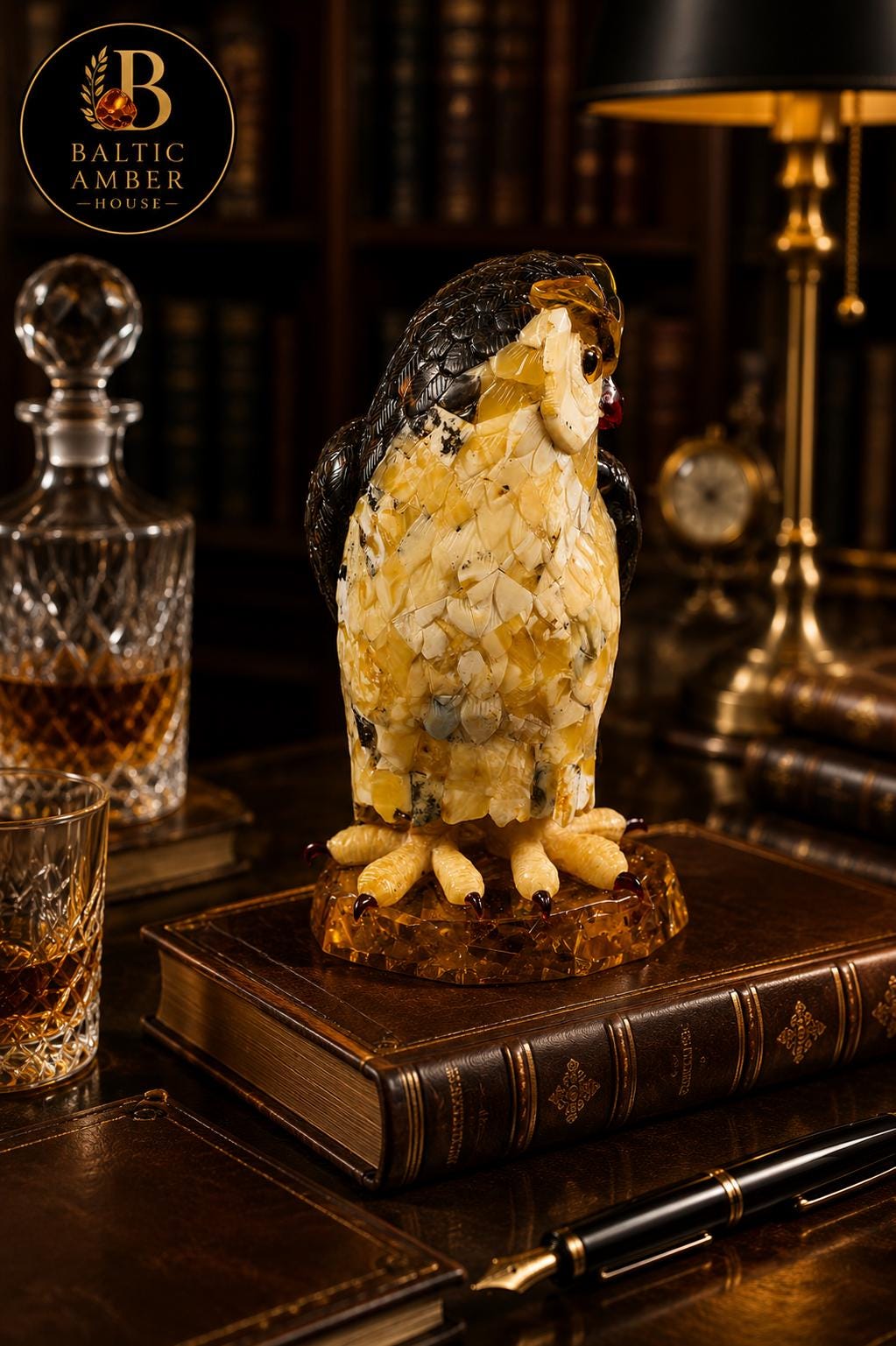Baltic Amber Owl Sculpture – Luxury Executive Desk Decor in Natural Amber & Wood – Collector Piece