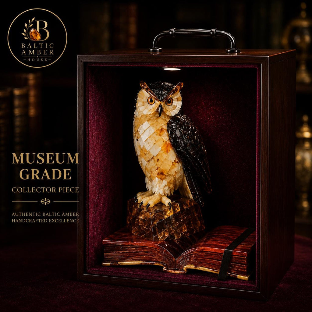 Baltic Amber Owl Sculpture – Luxury Executive Desk Decor in Natural Amber & Wood – Collector Piece