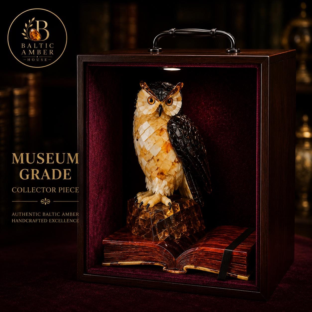Baltic Amber Owl Sculpture – Luxury Executive Desk Decor in Natural Amber & Wood – Collector Piece