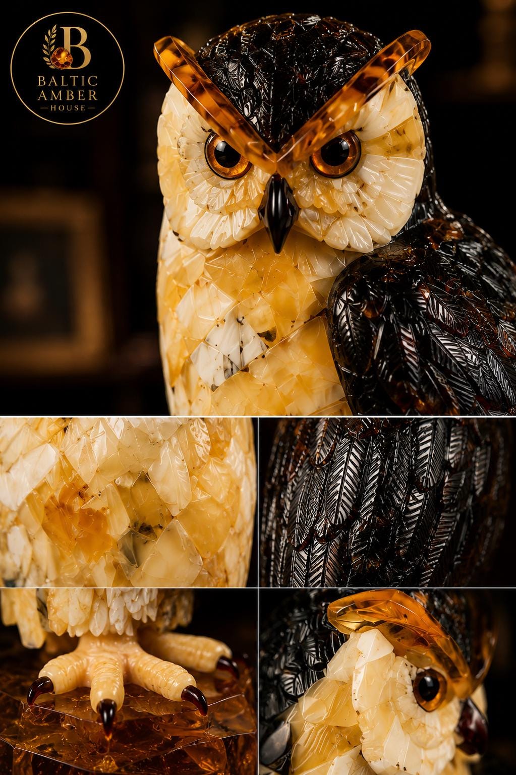 Baltic Amber Owl Sculpture – Luxury Executive Desk Decor in Natural Amber & Wood – Collector Piece