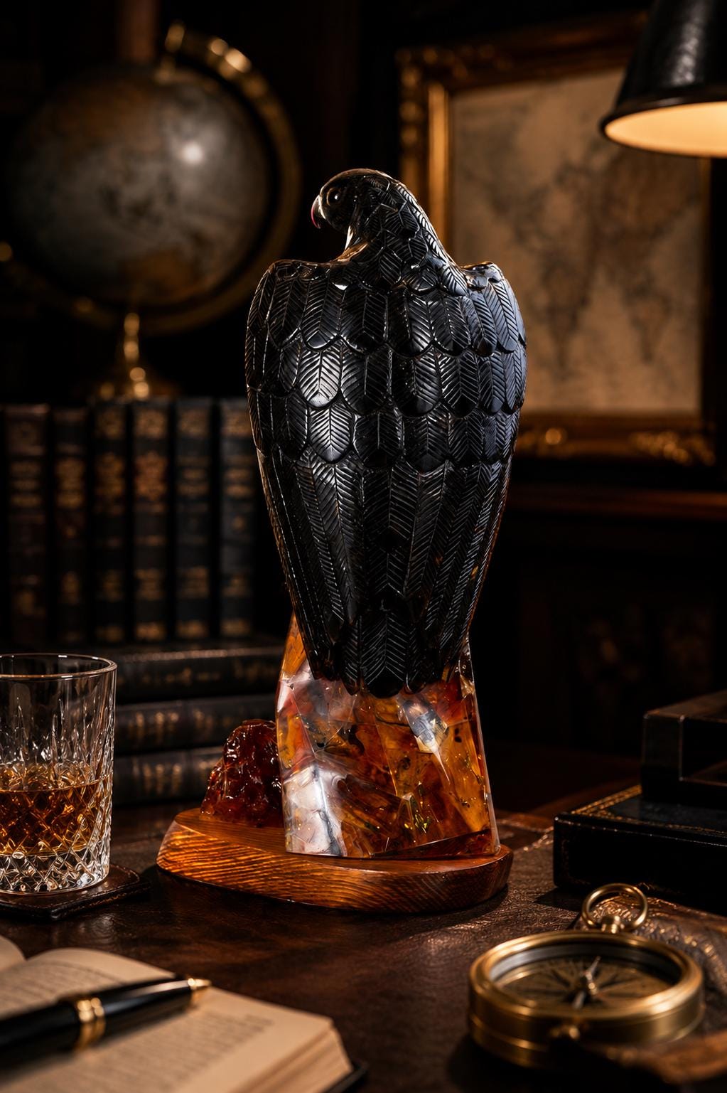 Handcrafted Baltic Amber Peregrine Falcon Sculpture – Luxury Collector Bird Statue in Natural Baltic Amber & Wood – Executive Desk Decor
