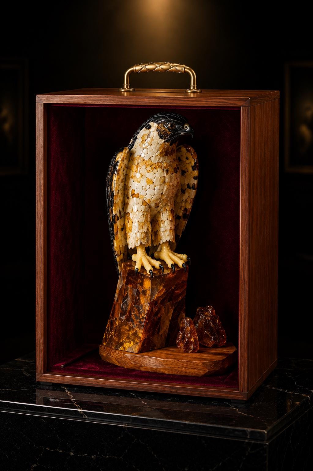 Handcrafted Baltic Amber Peregrine Falcon Sculpture – Luxury Collector Bird Statue in Natural Baltic Amber & Wood – Executive Desk Decor