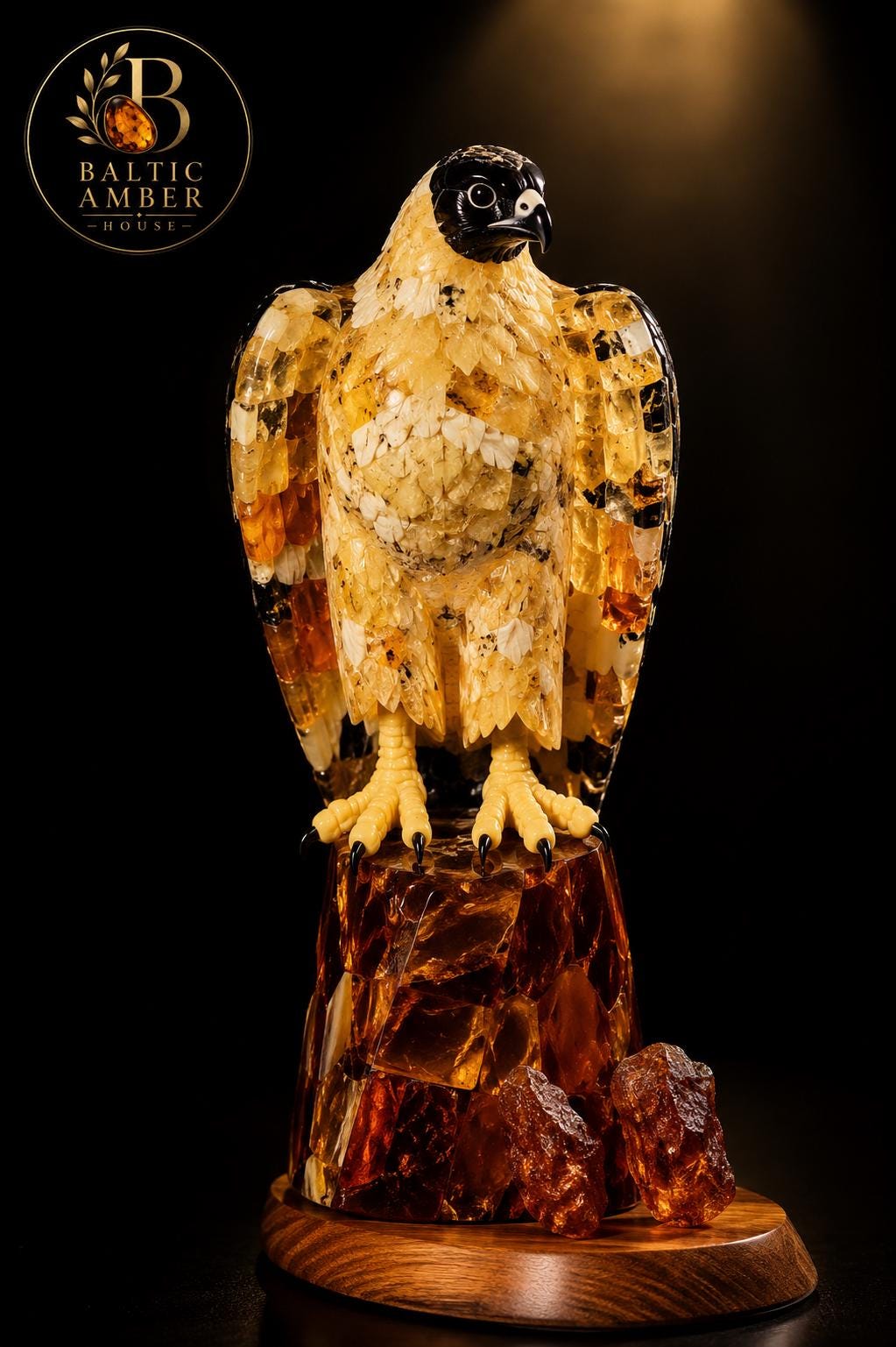 Handcrafted Baltic Amber Peregrine Falcon Sculpture – Luxury Collector Bird Statue in Natural Baltic Amber & Wood – Executive Desk Decor