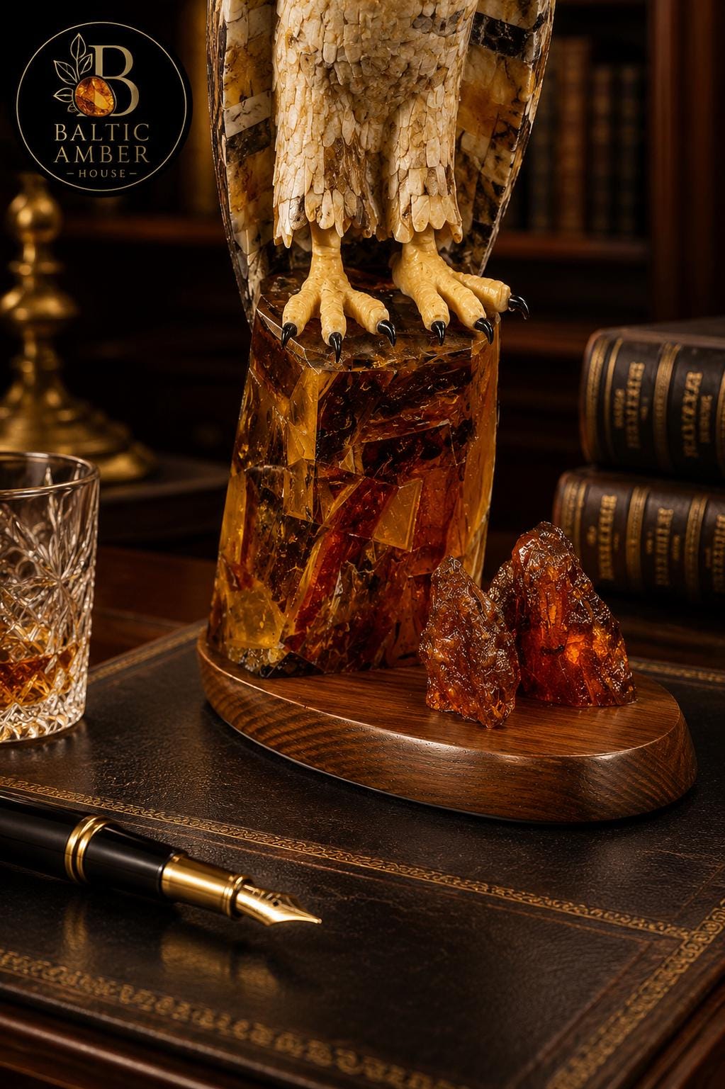 Handcrafted Baltic Amber Peregrine Falcon Sculpture – Luxury Collector Bird Statue in Natural Baltic Amber & Wood – Executive Desk Decor