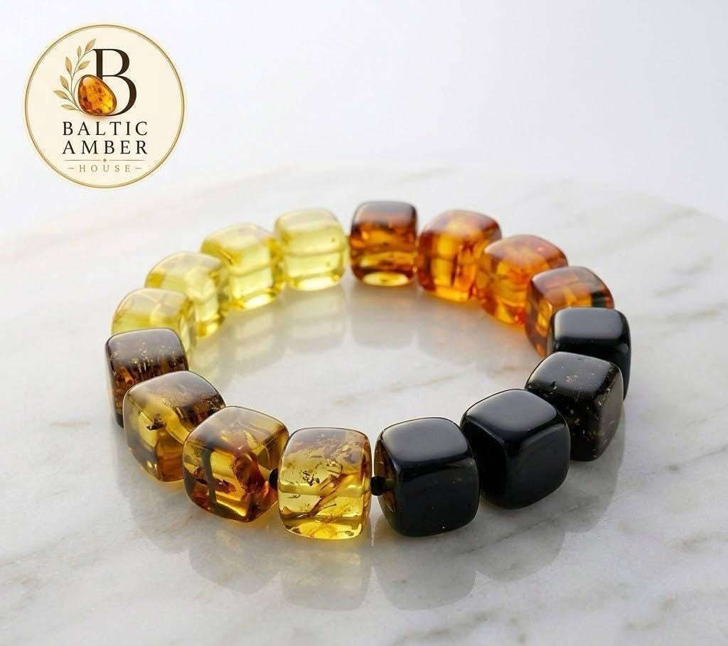 Genuine Baltic Amber Bracelet 7.1 Inches | Cube Bead Amber Bracelet | Lemon Honey Cognac & Dark Amber