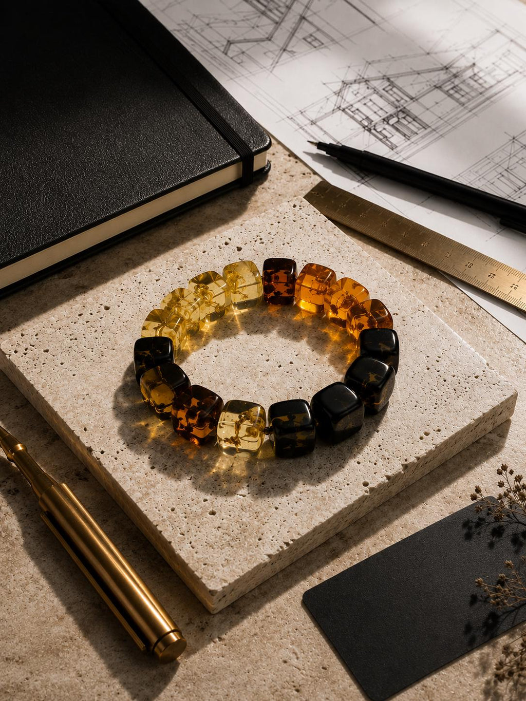 Genuine Baltic Amber Bracelet 7.1 Inches | Cube Bead Amber Bracelet | Lemon Honey Cognac & Dark Amber