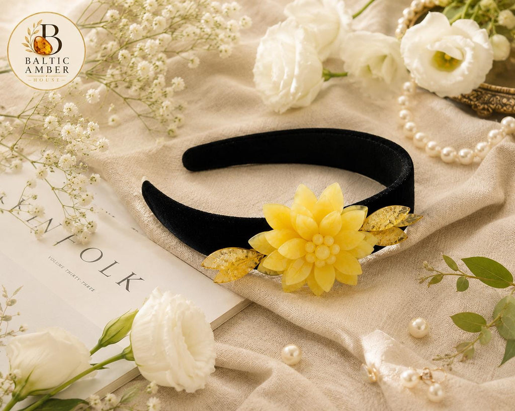 Baltic Amber Flower Headband – Handmade Milk Amber Hair Accessory, Floral Bridal Headpiece, Natural Matte Amber Crown