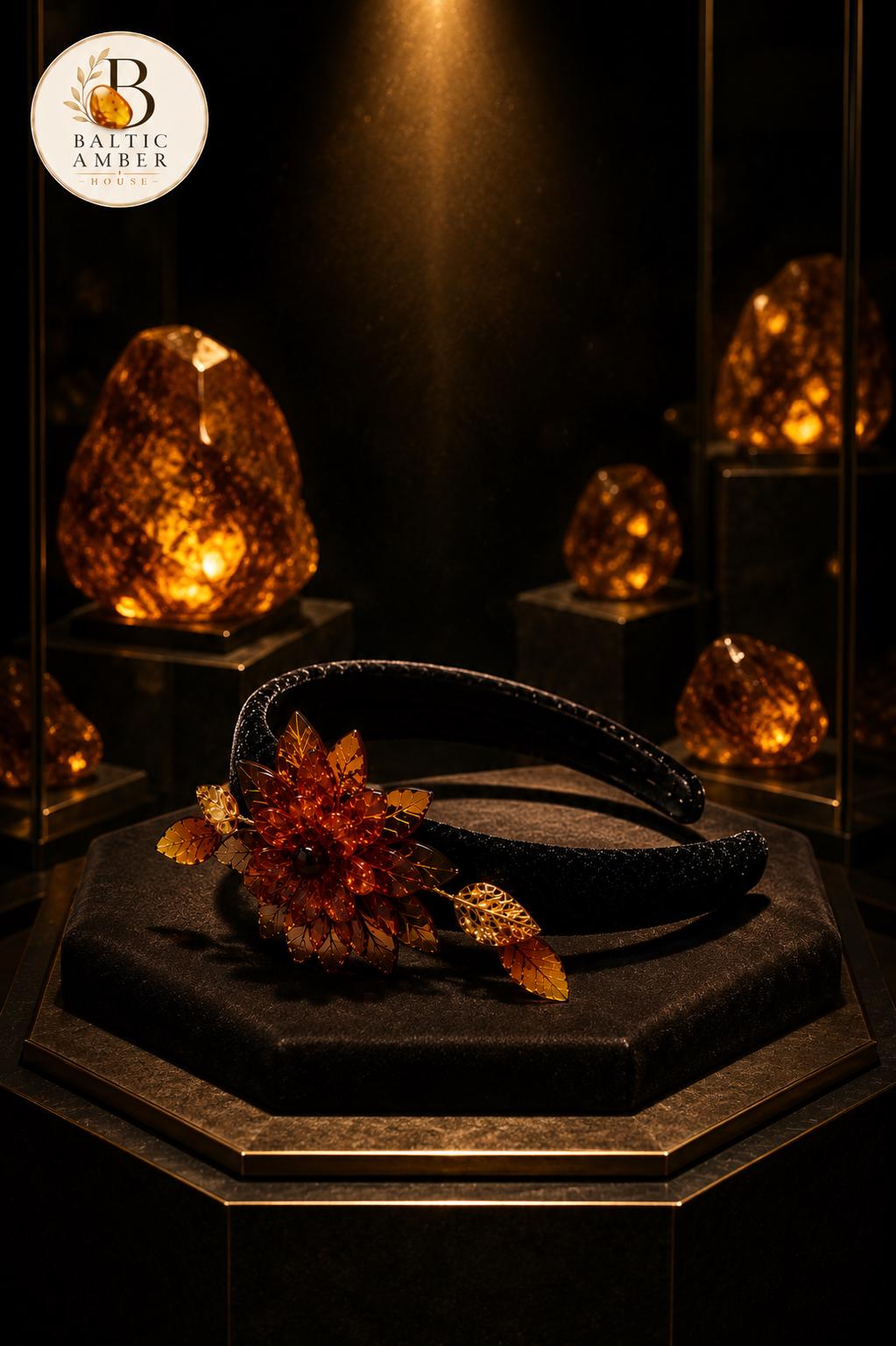Baltic Amber Floral Headband for Women, Cognac Amber Hair Accessory, Handmade Amber Flower Headpiece, Bridal Hair Band Gift