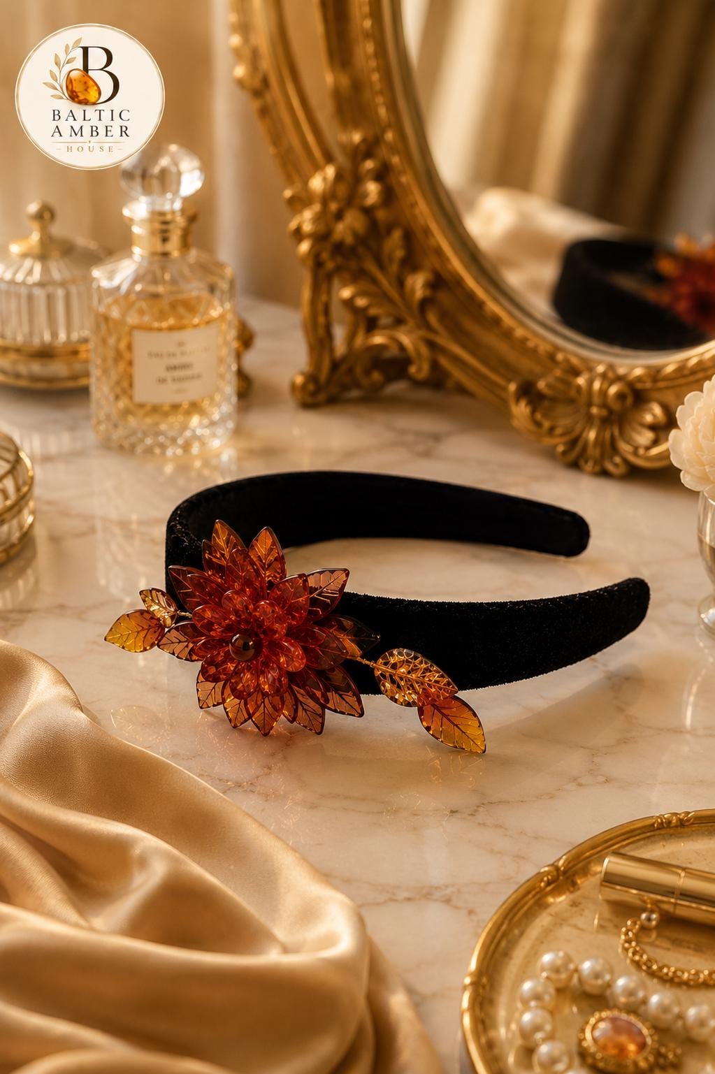 Baltic Amber Floral Headband for Women, Cognac Amber Hair Accessory, Handmade Amber Flower Headpiece, Bridal Hair Band Gift