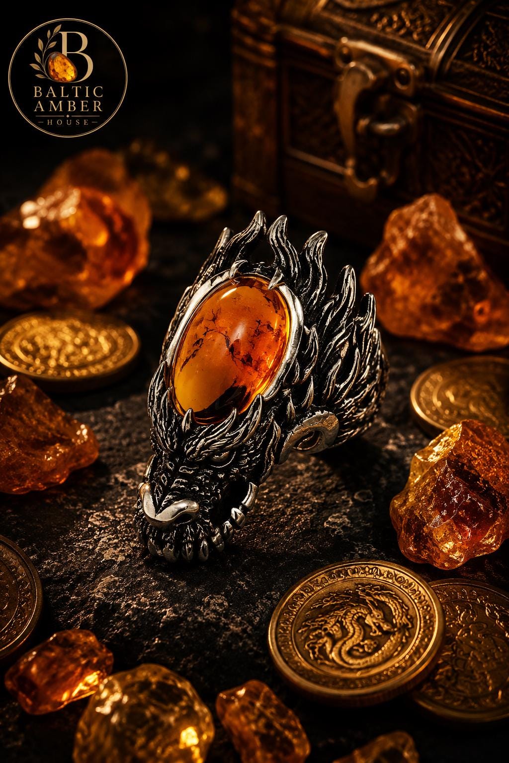 Dragon Baltic Amber Ring for Men, Viking Dragon Ring, Green or Cognac Amber, Fantasy Gothic Statement Jewelry Gift